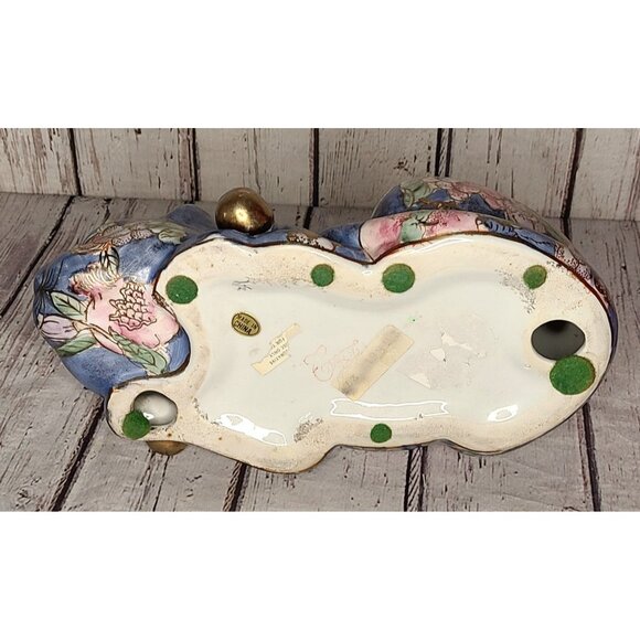 12" Rare Vintage Chinese Painted Ceramic Sleeping Cat Figurine Peach Blossoms - Picture 4 of 5